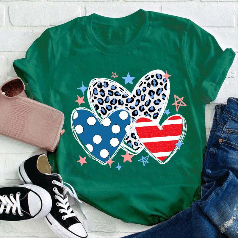 American Hearts Leopard Print Teacher T-Shirt