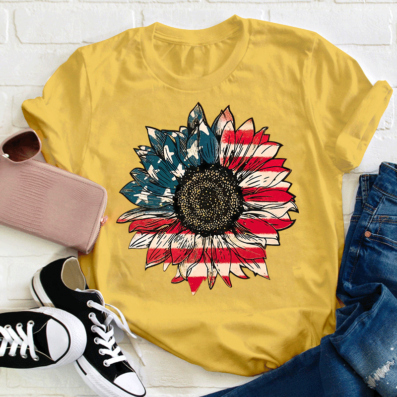 Vintage Flag Sunflower Teacher T-Shirt