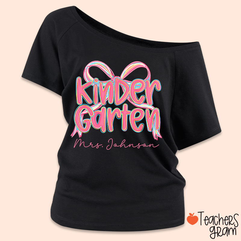 Personalized Grade Pink Bow Teacher Off Shoulder Shirt