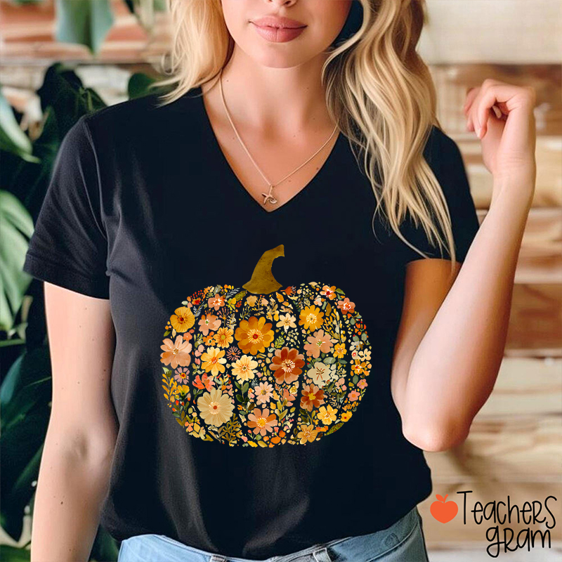 Pumpkin Orange Flowers Grass Teacher Female V-Neck T-Shirt