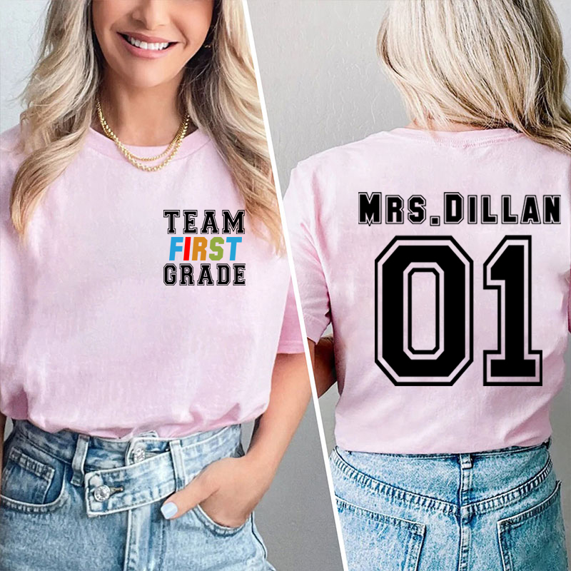 Personalized Retro Team Grade Teacher Two Sided T-Shirt