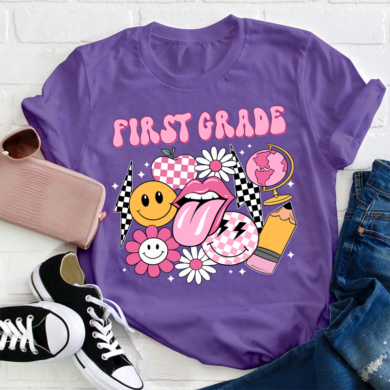 Personalized Pink Checkerboard And Smiley Face Grade Teacher T-Shirt
