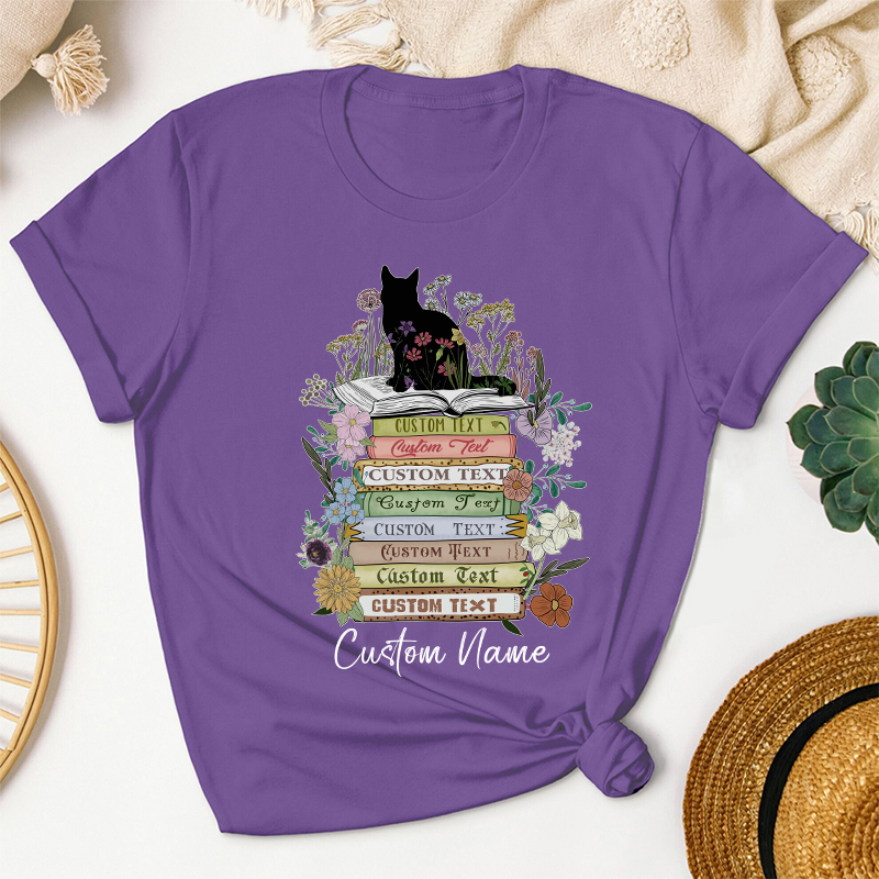 Personalized Vintage Floral Cat Books Teacher T-Shirt