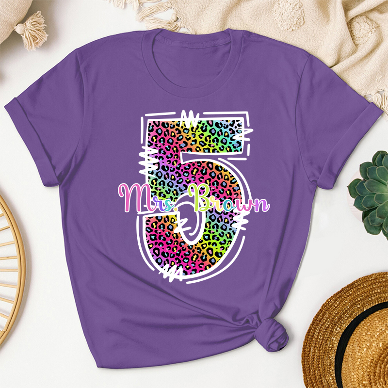 Personalized Colorful Leopard Grade And Name Teacher T-Shirt
