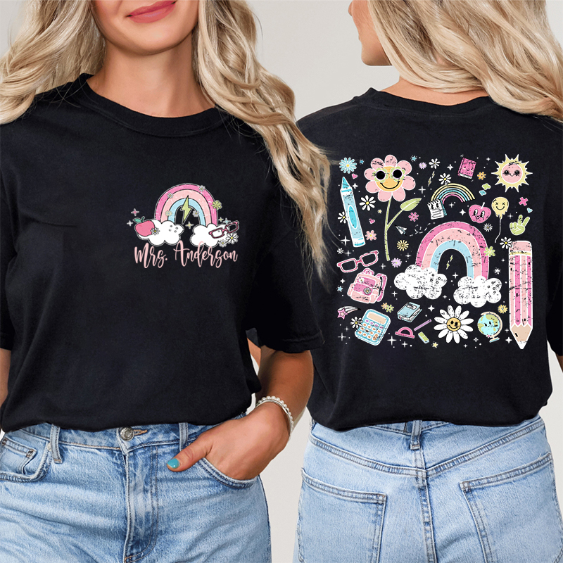 Personalized Pink Rainbow Cute Icon Teacher Two Sided T-Shirt