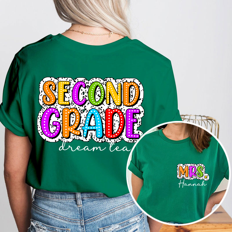 Personalized Retro Dot Neon Lights Grade And Name Teacher Two Sided T-Shirt