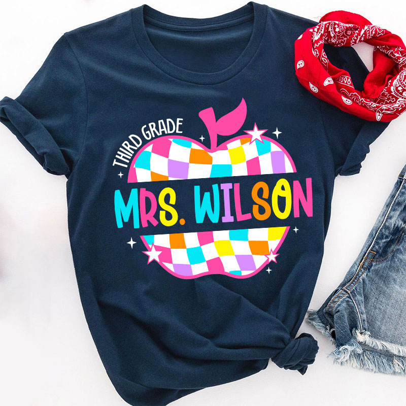 Personalized Colorful Checkerboard Hollow Apple Teacher T-Shirt
