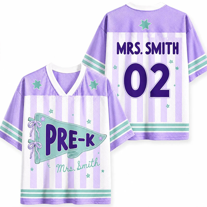 Personalized Grade And Name Preppy Stripes Pennant Fisrt Day Teacher Mesh Jersey
