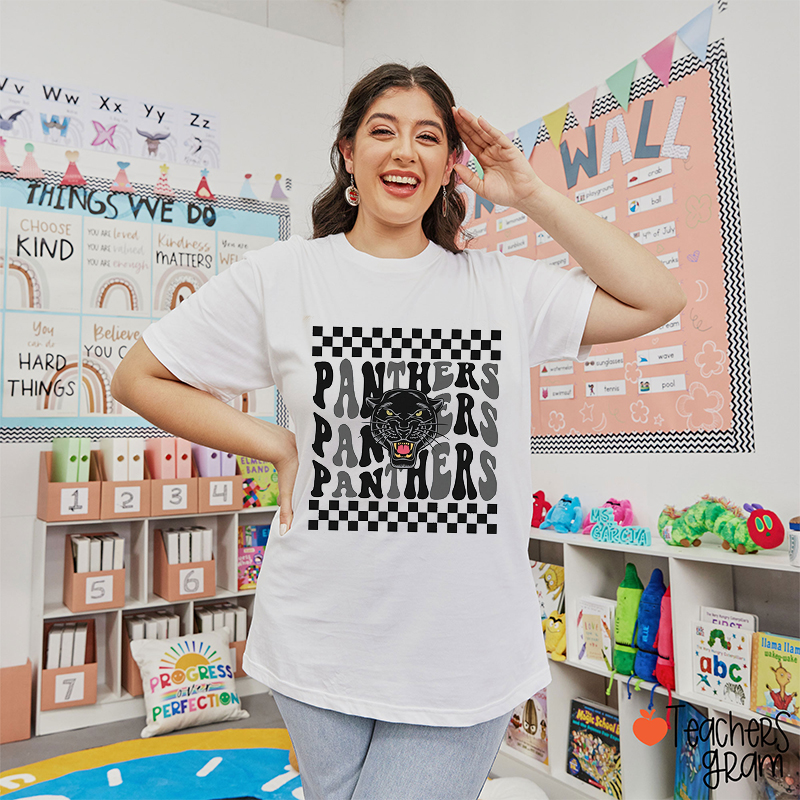 Personalized Mascot Black And White Plaid Teacher T-Shirt