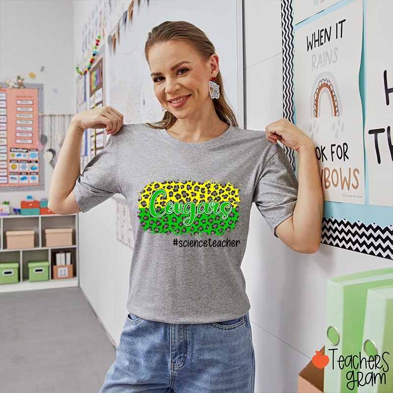 Personalized School Mascot And Hashtag Colorful Leopard Teacher T-Shirt