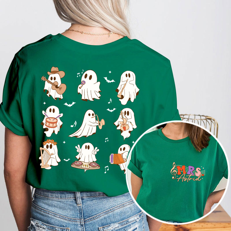 Personalized Name Ghost Music Teacher Two Sided T-Shirt