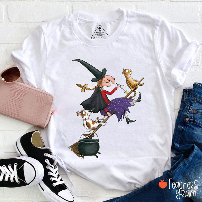 Witch Dog Cat Dark Gothic Halloween Teacher T-Shirt