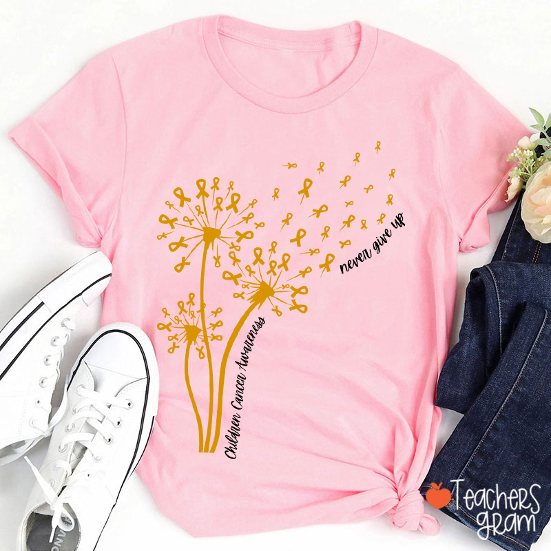 Childhood Cancer Awareness Never Give Up Teacher T-Shirt