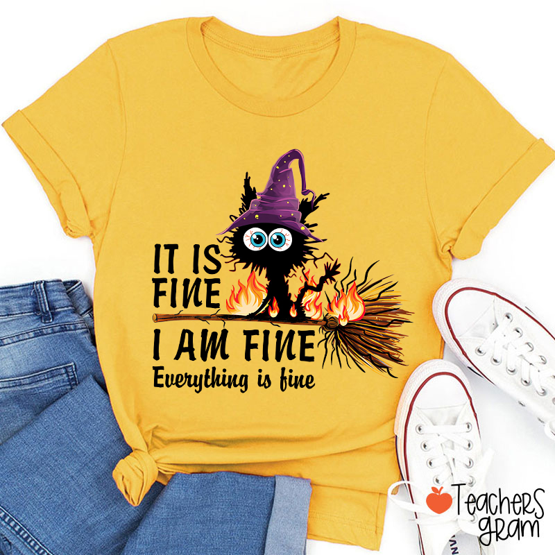 It Is Fine I Am Fine Everything Is Fine Halloween Broom Cat Teacher T-Shirt