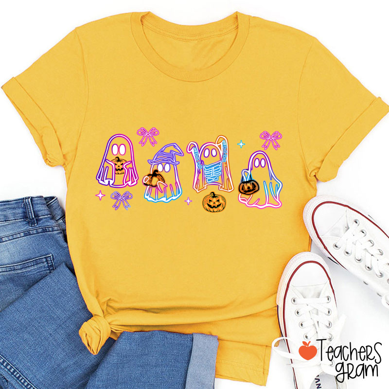 Colorful Neon Ghost Pumpkin Teacher T-Shirt