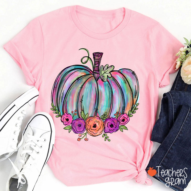 Colorful Pumpkin Watercolor Pumpkin Teacher T-Shirt