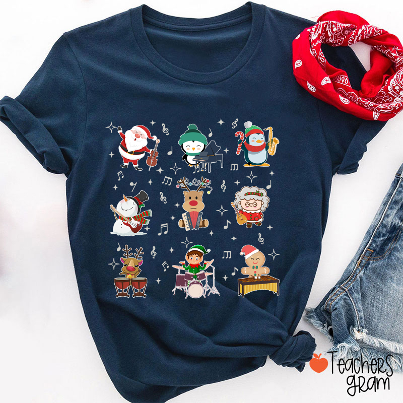 Cute Christmas Cartoons Playing Musical Instruments TeacherT-Shirt