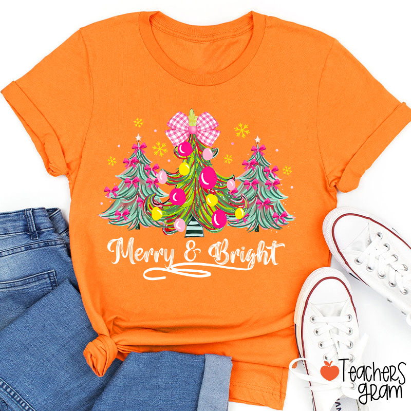 Fantasy Bow Christmas Tree Merry And Bright Christmas Teacher T-Shirt