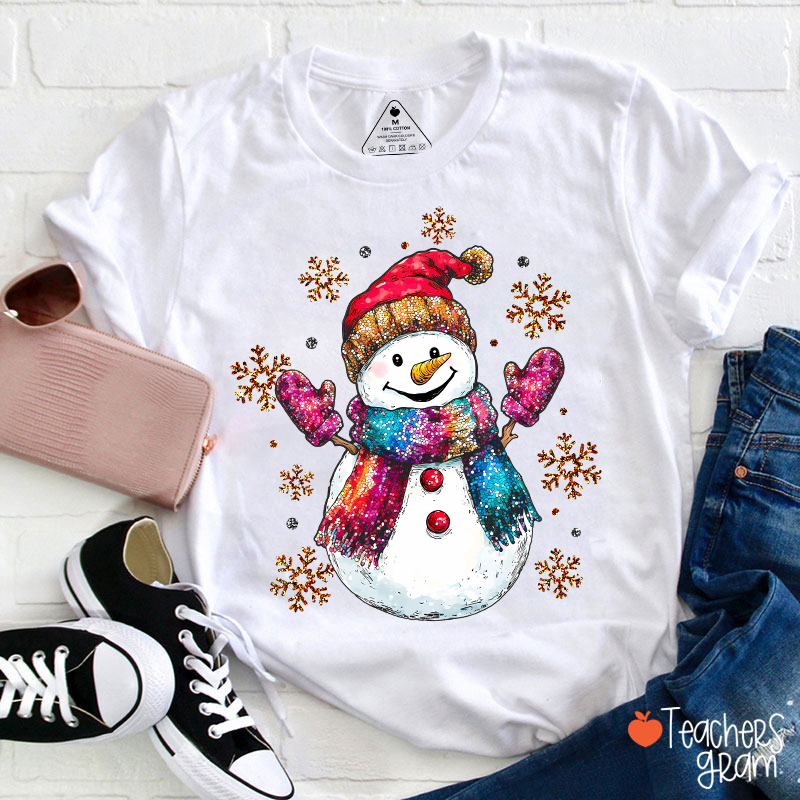 Colorful Scarves Snowman Teacher T-Shirt