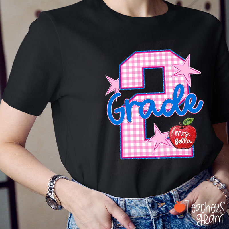 Personalized Name Grade Gingham Star Apple Teacher T‑Shirt
