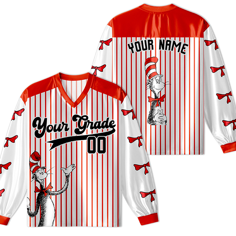 Personalized Team Name And Number Red Hat Cat Teacher Long Sleeve Jersey