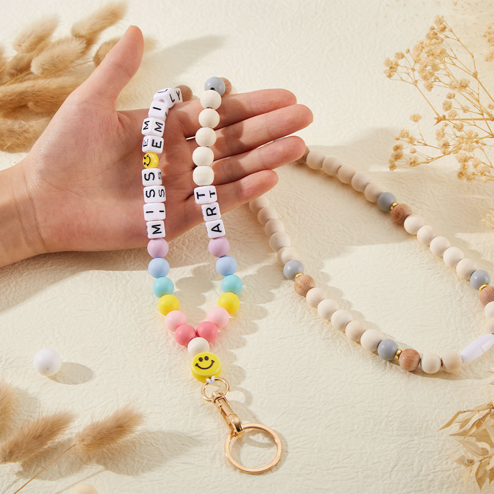 Personalized Rainbow Beads Smiley Face Teacher  Lanyard