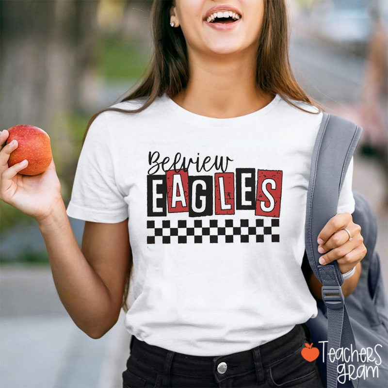 Personalized Mascot Checkered Block Letter Teacher T-Shirt
