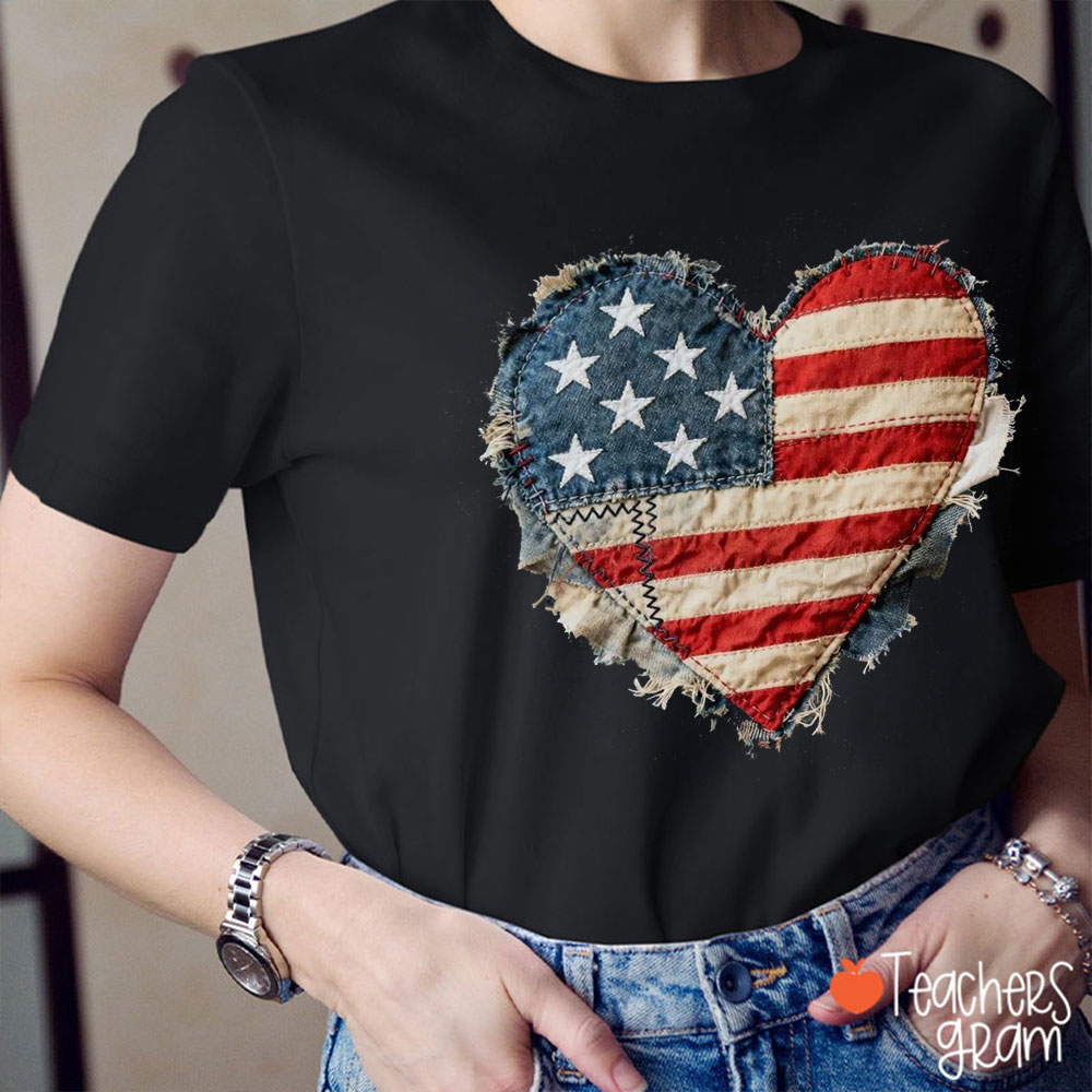 Faux Patchwork American Flag Heart Teacher T-Shirt