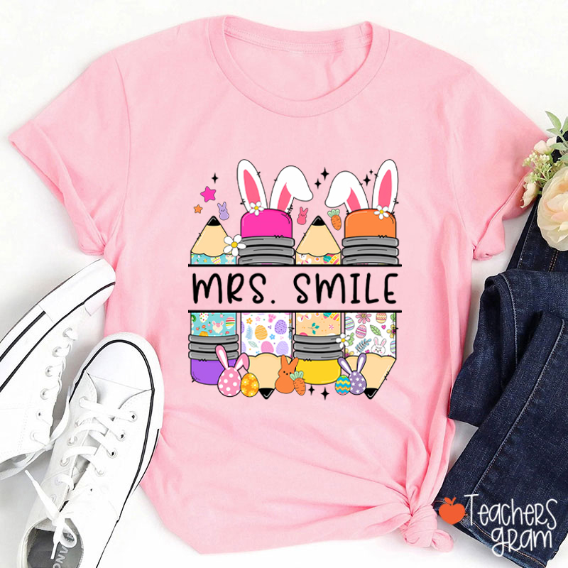 Personalized Name Bunny Pencil Teacher T-Shirt