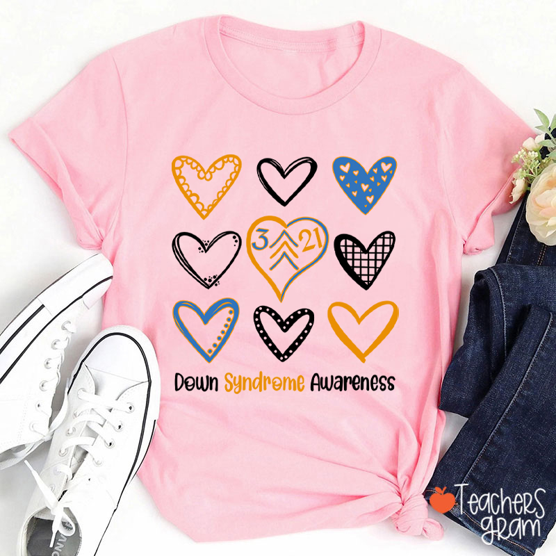 Down Syndrome Awareness Heart Teacher T-Shirt
