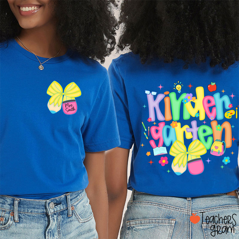 Personalized Name And Grade Pencil Bow Candy Color Fonts Teacher Two Sided T-Shirt