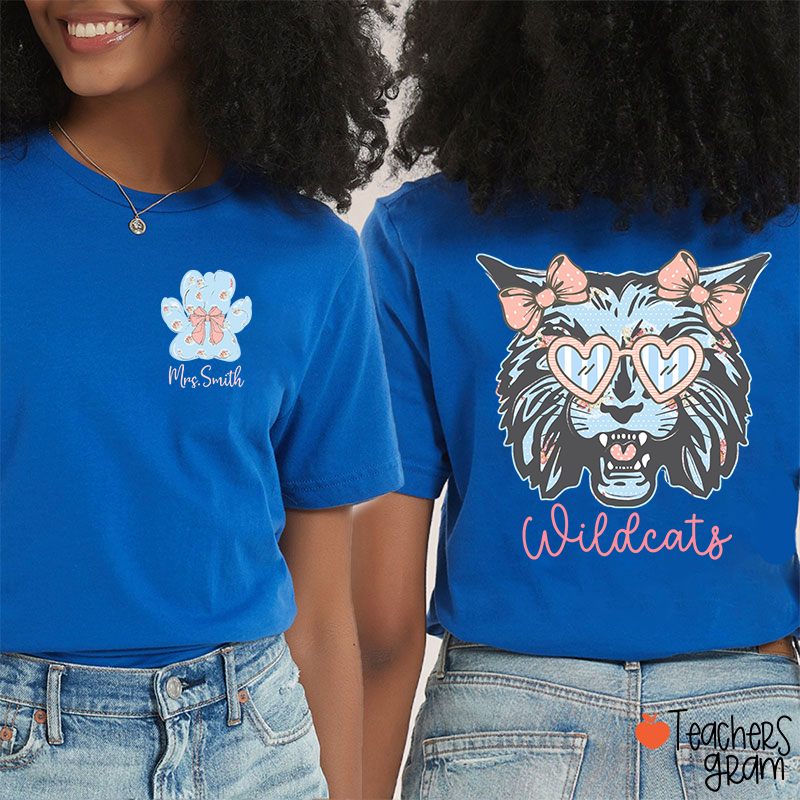Personalized Mascot And Name Cute Coquette Bow Teacher Two Sided T-Shirt