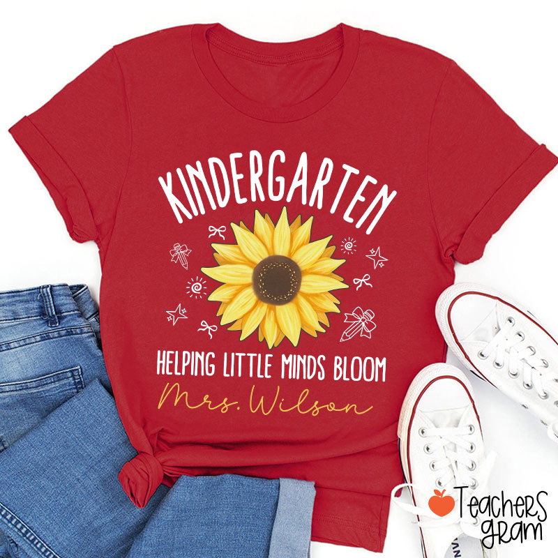Personalized Grade And Name Helping Little Minds Bloom Teacher T-Shirt