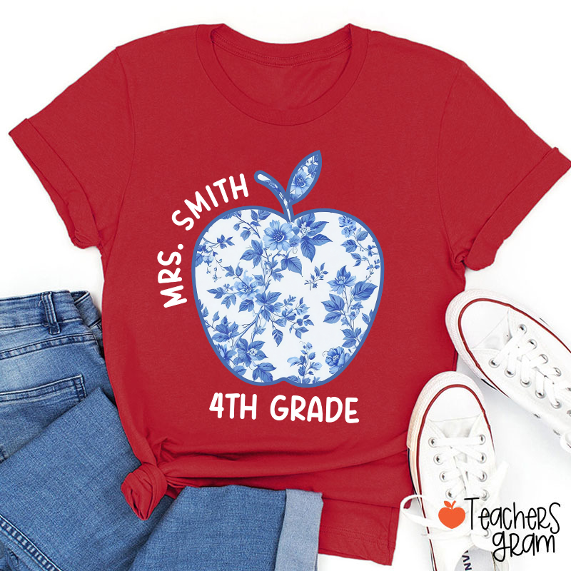 Personalized Grade And Name Blue And White Porcelain Apple Teacher T-Shirt