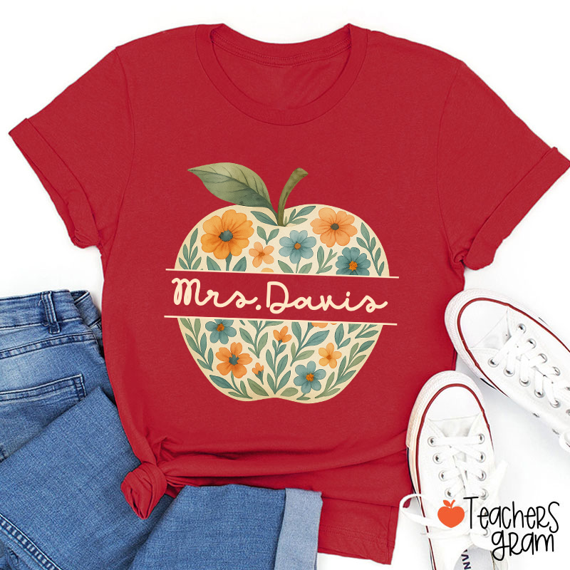 Personalized Name Vintage Floral Apple Teacher T-Shirt