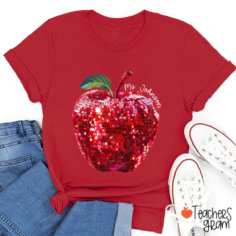 Personalized Red Glitter Apple And Name Teacher T-Shirt
