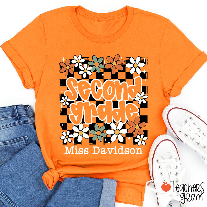 Personalized Text And Name Checkered Flowers Teacher T-Shirt