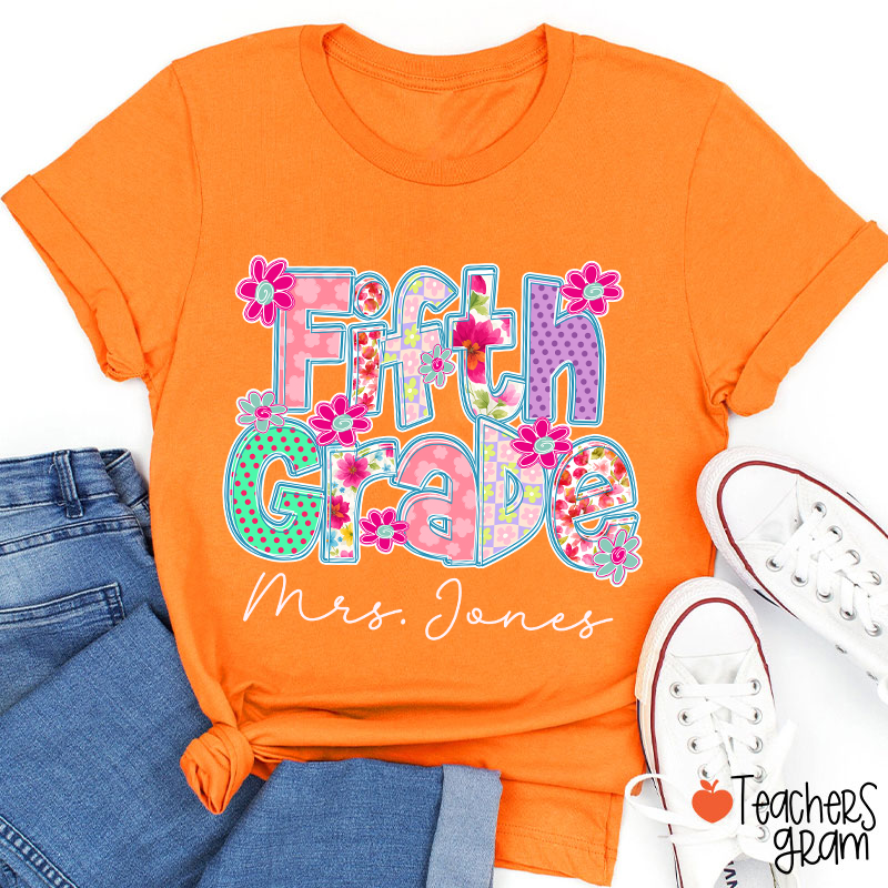 Personalized Grade Flowers Font Teacher T-Shirt