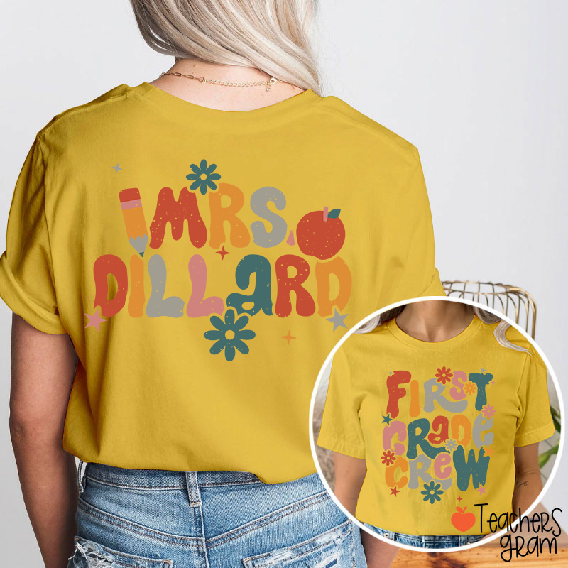 Personalized Name And Grade Bloom Flowers Teacher Two Sided T-Shirt