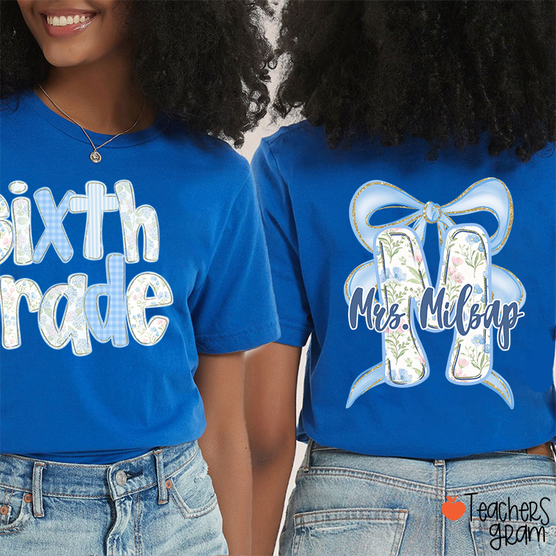 Personalized Grade And Name Initials Blue Bow Teacher Two Sided T-Shirt