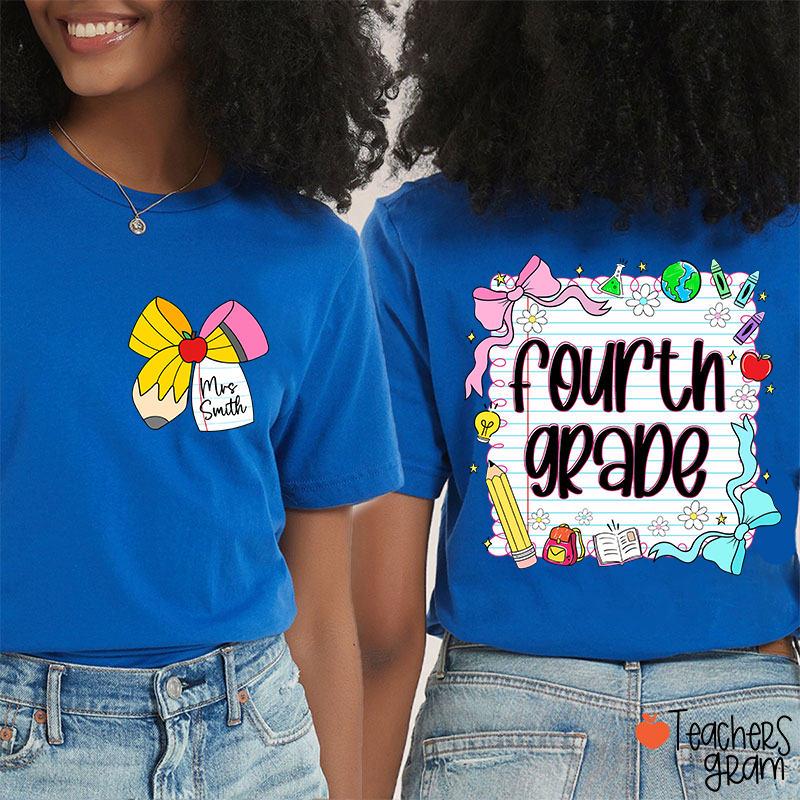 Personalized Grade And Name Pencil Bow Notebook Teacher Two Sided T-Shirt
