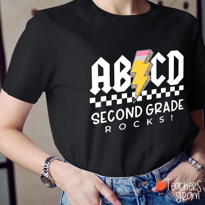 Personalized Grade Lightning Pencil Checkerboard Teacher T-Shirt