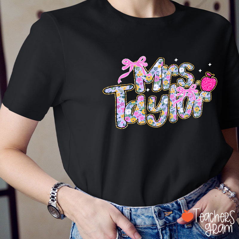 Personalized Name Apple Bow Floral Star Teacher T-Shirt
