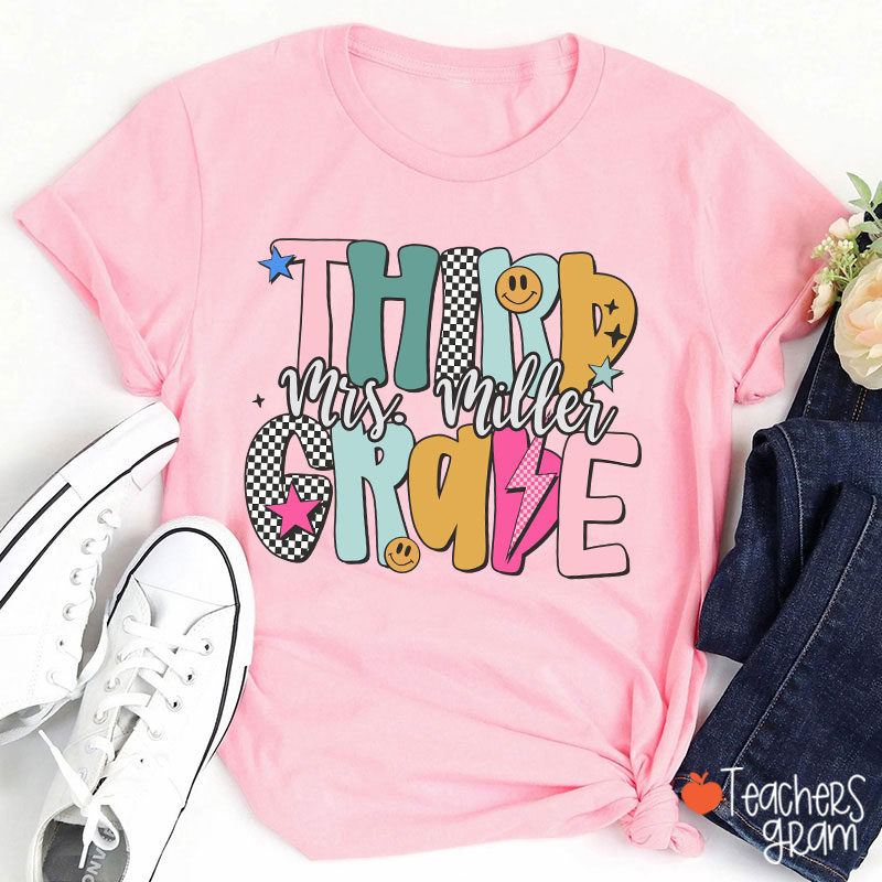 Personalized Grade Checkered Smiley Lightning Teacher T-Shirt