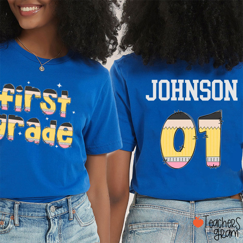 Personalized Pencil Pattern Letters And Numbers Teacher Two Sided T-Shirt