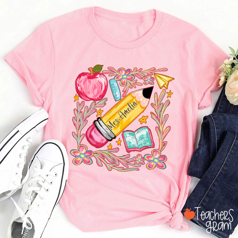 Flowers Pencil Apple Book Star Teacher T-Shirt