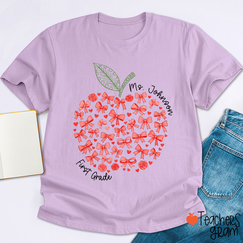 Personalized Name Or Grade Bow Apple Teacher T-Shirt