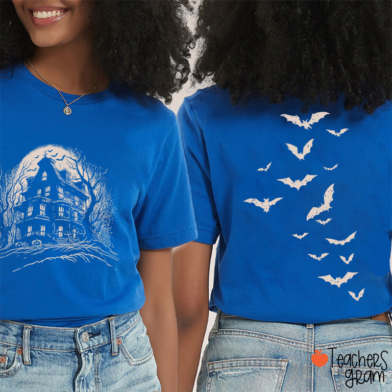 Vintage Haunted House Spooky Season Teacher Two Sided T-Shirt