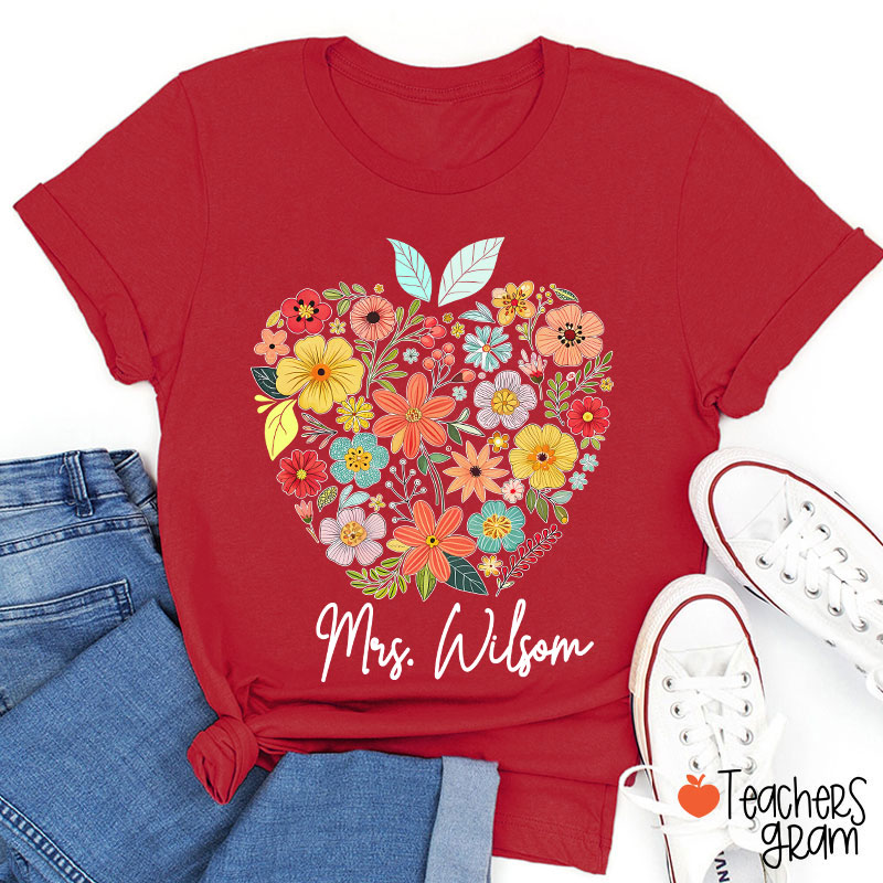 Personalized Floral Apple Name Teacher T-Shirt