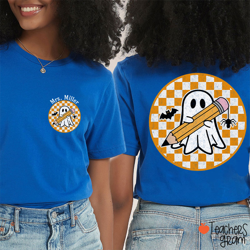 Personalized Name Circle Checkered Ghost Teacher Two Sided T-Shirt